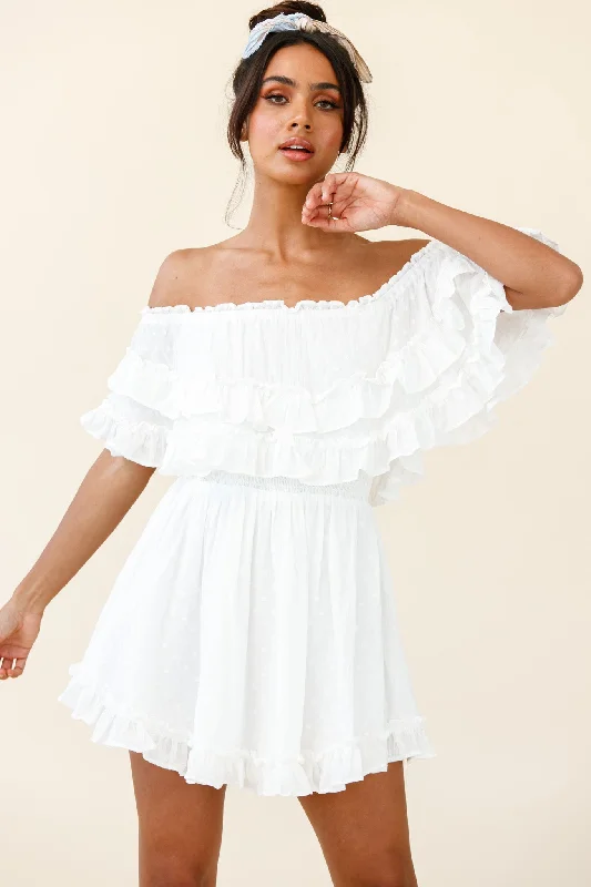 Off - the - Shoulder Women Dress for a Romantic and Feminine LookMeet Me At Sunset Bardot Neckline Frill Trim Dress Spotty White