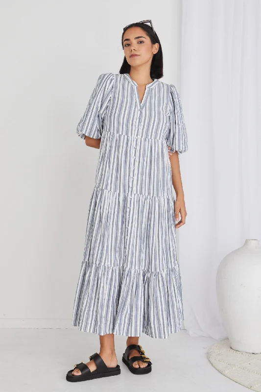 Plus Size Women Dress with a Flattering A - Line Cut for Comfort and StyleNoya Navy Stripe Puff Ss Buttoned Tiered Maxi Dress