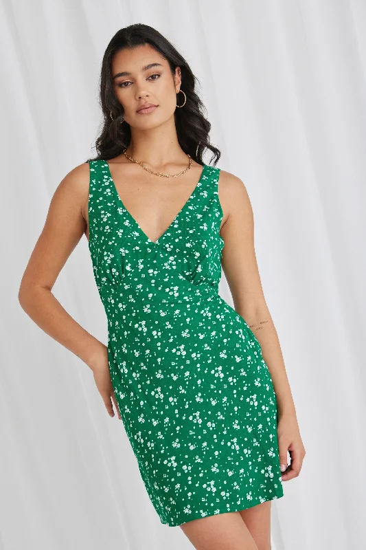 Printed Abstract Women Dress for a Modern and Artistic AppealOrion Green Ditsy Slim Fit Mini Dress