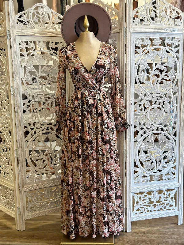 Empire Waist Women Dress to Accentuate the Bust and Conceal the WaistBlack Multi Floral Wrapped Maxi Dress- Slightly Stretchy