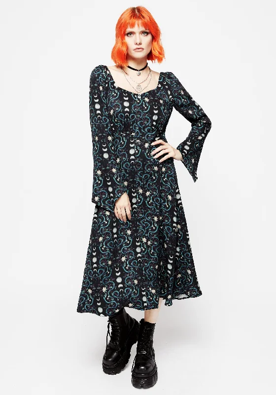 Printed Abstract Women Dress for a Modern and Artistic AppealPythia Print Flute Sleeve Midi Dress