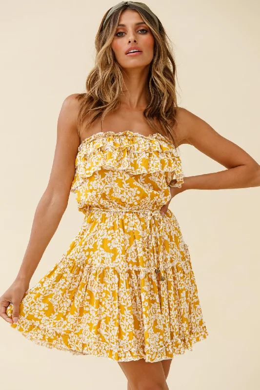 Ruffled Women Dress with Multiple Layers for a Playful and Girly StyleRaquel Strapless Layered Dress Floral Print Mustard