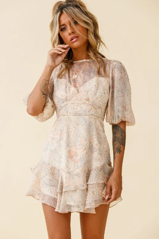 Sheath Women Dress with a Tailored Fit for a Professional LookShe Knows Puff Sleeve Ruffle Trim Dress Botanic Print Nude