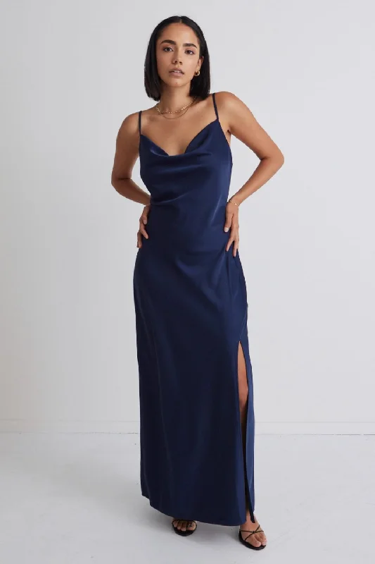 Wrap - Style Women Dress with Adjustable Fit for All Body TypesShow Stopper Navy Satin Strappy Midi Dress