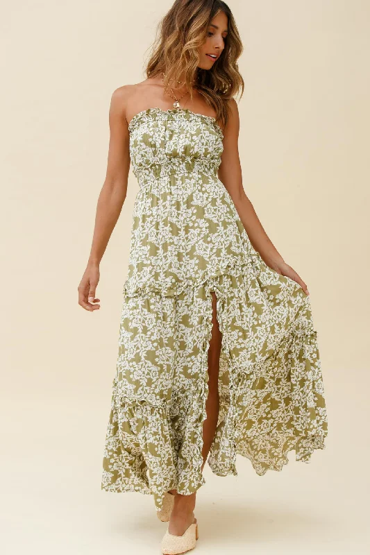 Ruffled Women Dress with Multiple Layers for a Playful and Girly StyleTake Me Away Strapless Maxi Dress Floral Print Green