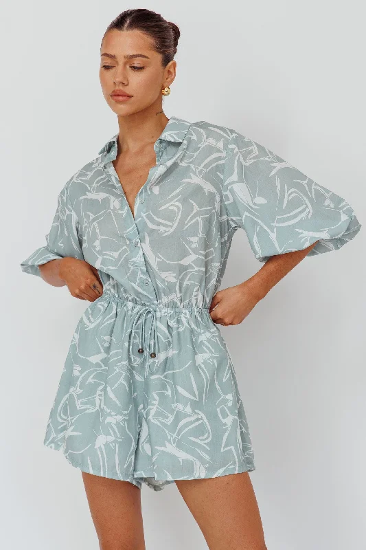 Strapless Women Dress with a Built - in Bra for Comfort and SupportTiki Puff Sleeve Drawstring Romper Print Sage