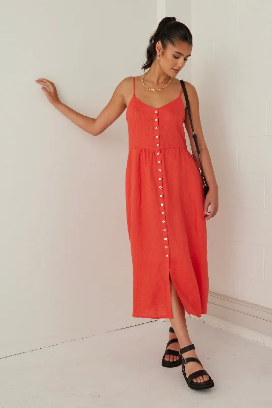 Pleated Women Dress with a Timeless and Elegant TextureVisionary Sunset Linen Strappy Button Front Midi Dress