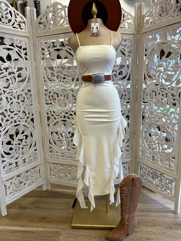 Off - the - Shoulder Women Dress for a Romantic and Feminine LookWhite Bottom Ruffle Thin Strap Midi Dress- Slightly Stretchy