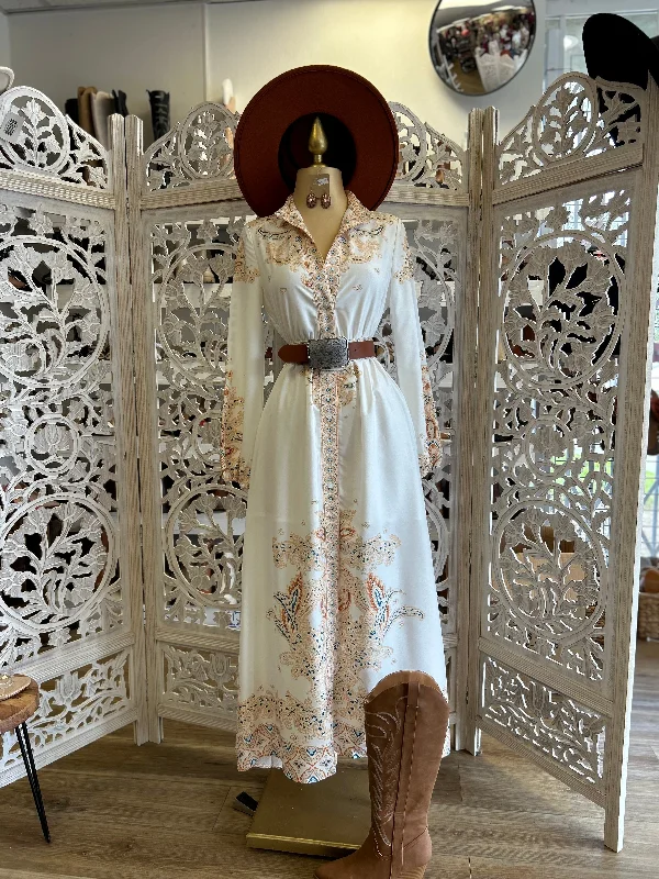 Lace - Embellished Women Dress for an Elegant and Sophisticated AppearanceWhite Multi Pattern Button Down Pattern Maxi Dress- Slightly Stretchy