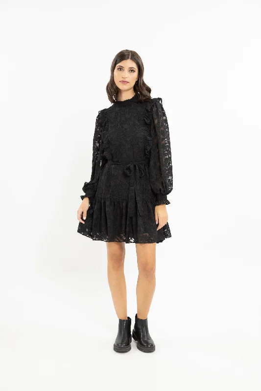 Long - Sleeve Women Dress in Velvet for a Luxurious Winter LookWondrous Black Burnout Chiffon LS Mini Dress