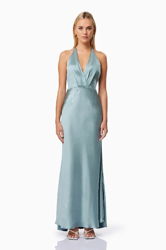 Ruffled Women Dress with Multiple Layers for a Playful and Girly StyleAria Backless Satin Maxi Dress In Blue