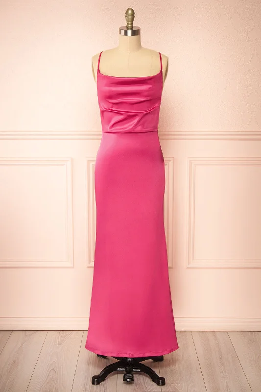 Halter Neck Women Dress to Show Off the Shoulders and NecklineAlexia Pink | Long Satin Mermaid Dress w/ Cowl Neck