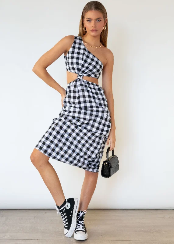 Printed Abstract Women Dress for a Modern and Artistic AppealAnnabel One Shoulder Midi Dress - B&W Gingham