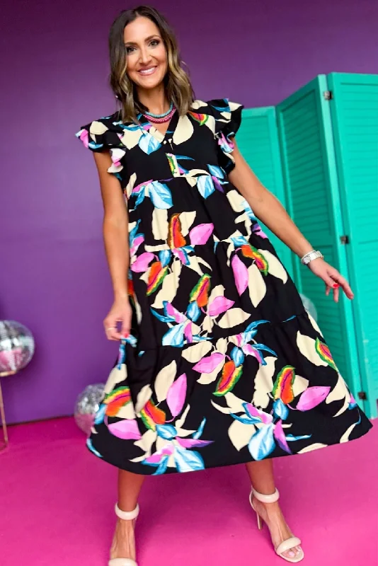 Plus Size Women Dress with a Flattering A - Line Cut for Comfort and StyleBlack Floral Printed Collared Button Front Flutter Sleeve Midi Dress