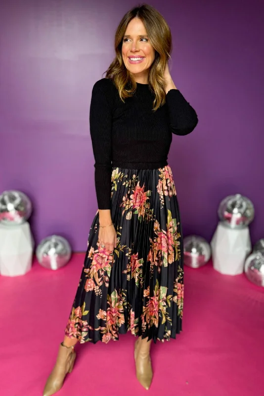 Little Black Women Dress with Sequins for a Glamorous Night OutBlack Sweater Floral Printed Pleated Midi Dress