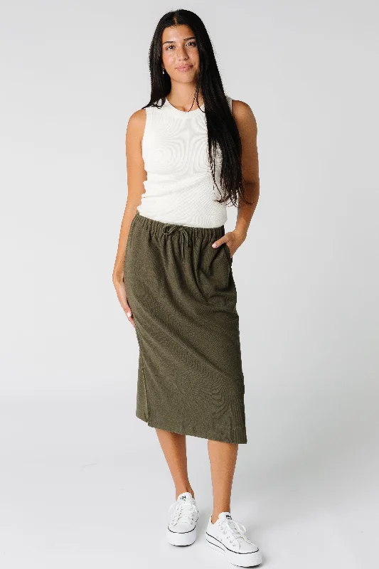 Ruffled Women Dress with Multiple Layers for a Playful and Girly StyleBrass & Roe Ribbed Drawstring Pocket Skirt - Olive