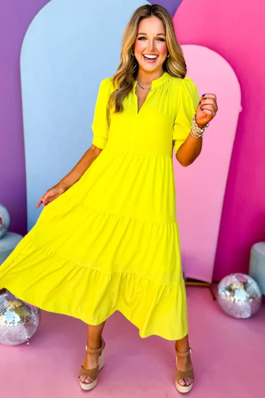 Sleeveless Women Dress in Bright Colors for Summer PartiesBright Green Split Neck Three Quarter Sleeve Tiered Midi Dress