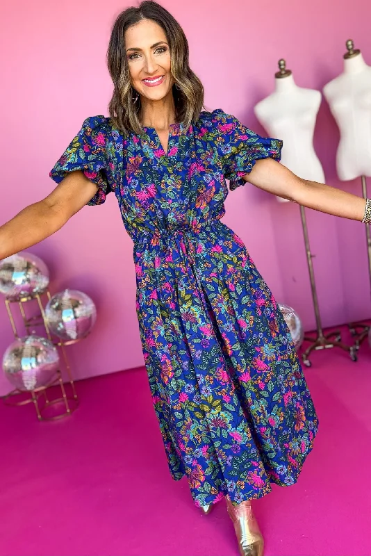 Shift Women Dress with a Simple and Classic Design for Everyday WearCobalt Blue Floral Puff Sleeve Midi Dress