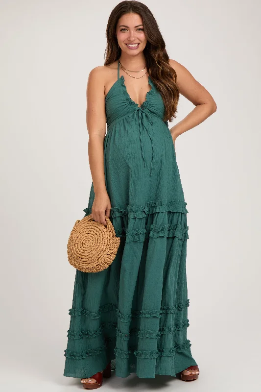 Sleeveless Women Dress in Bright Colors for Summer PartiesDark Teal Ruffle Ruched Deep V-Neck Maternity Maxi Dress