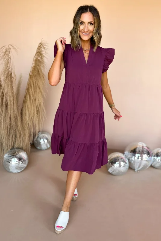 Mermaid - Style Women Dress with a Fitted Silhouette for Special OccasionsEggplant V Neck Flutter Sleeve Tiered Midi Dress