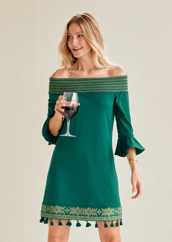 Ruffled Women Dress with Multiple Layers for a Playful and Girly StyleEmerald Metallic Embroidered Off The Shoulder Dress