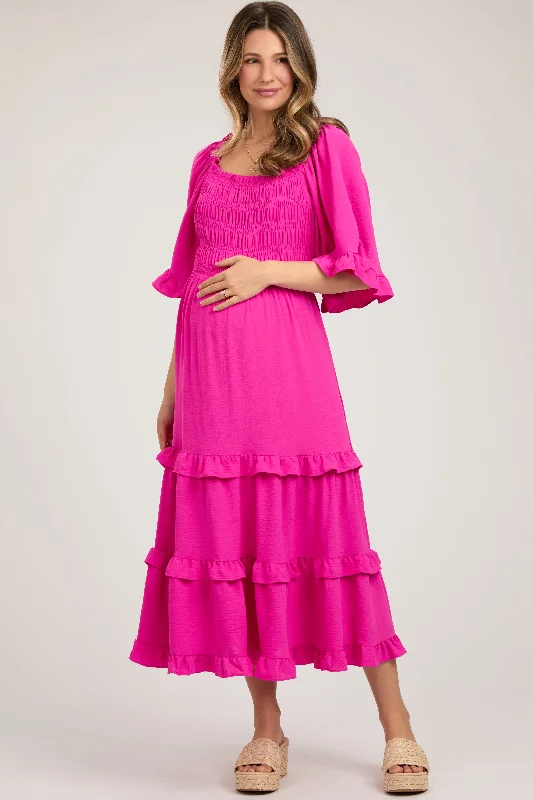 Shift Women Dress with a Simple and Classic Design for Everyday WearFuchsia Smocked Ruffle Tiered Maternity Midi Dress