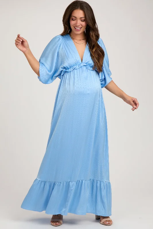 Plus Size Women Dress with a Flattering A - Line Cut for Comfort and StyleLight Blue Striped Ruffle Accent Maternity Maxi Dress