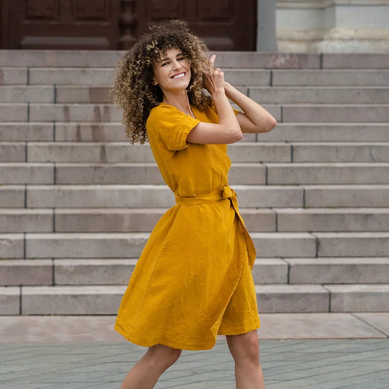 Strapless Women Dress with a Built - in Bra for Comfort and SupportLinen Wrap Dress Eliana Spicy Yellow