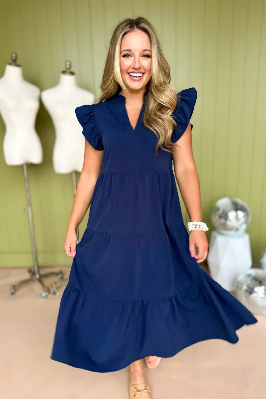 Strapless Women Dress with a Built - in Bra for Comfort and SupportNavy V Neck Flutter Sleeve Tiered Midi Dress