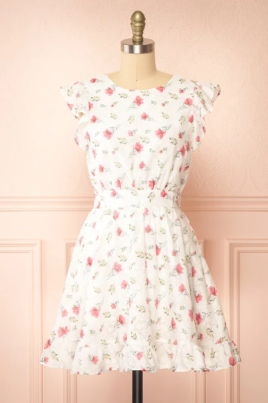 Shift Women Dress with a Simple and Classic Design for Everyday WearPrunne | Short White Floral Dress w/ Open Back