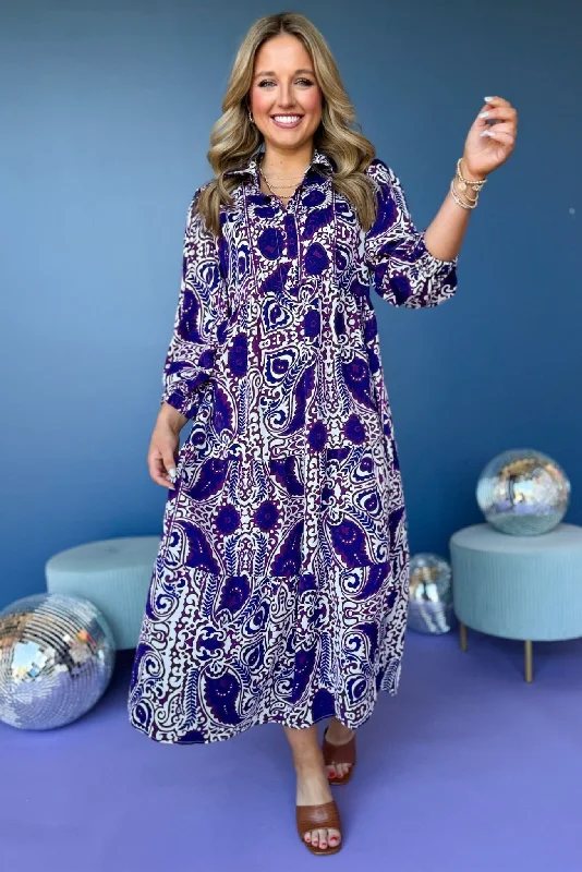 Long - Sleeve Women Dress in Velvet for a Luxurious Winter LookPurple Paisley Printed Split Neck Tiered 3/4 Balloon Sleeve Midi Dress