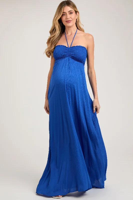 Pleated Women Dress with a Timeless and Elegant TextureRoyal Blue Smocked Halter Maternity Maxi Dress