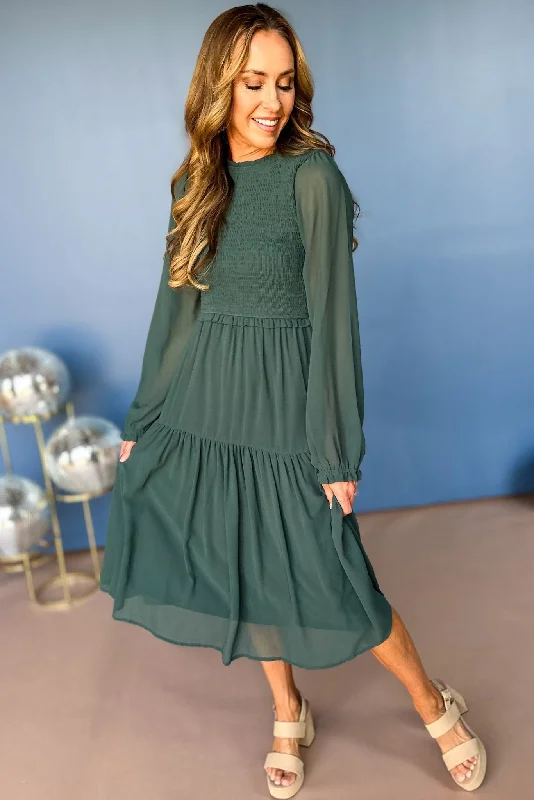 Halter Neck Women Dress to Show Off the Shoulders and NecklineTeal Smocked Bodice Tiered Long Sleeve Midi Dress *FINAL SALE*