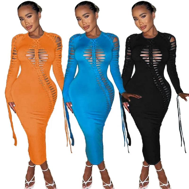 Empire Waist Women Dress to Accentuate the Bust and Conceal the Waist2023 New Fashion Women Fall Dresses For Women Sexy Long Sleeve Dresses HOLLOW OUT Cut Out Lace Up Sexy Bodycon Maxi Dress