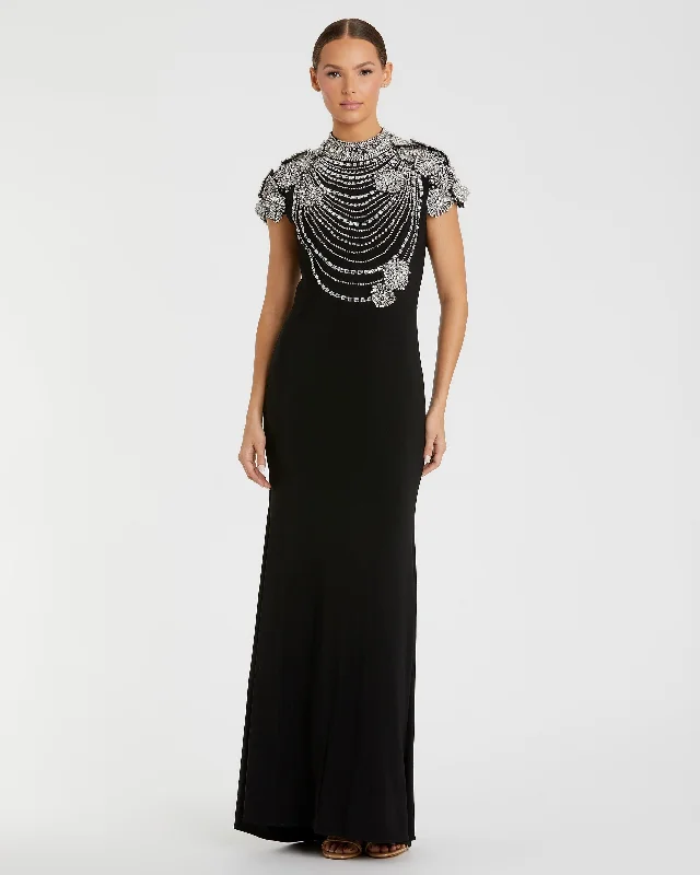 Mermaid - Style Women Dress with a Fitted Silhouette for Special OccasionsHigh Neck Embellished Column Gown