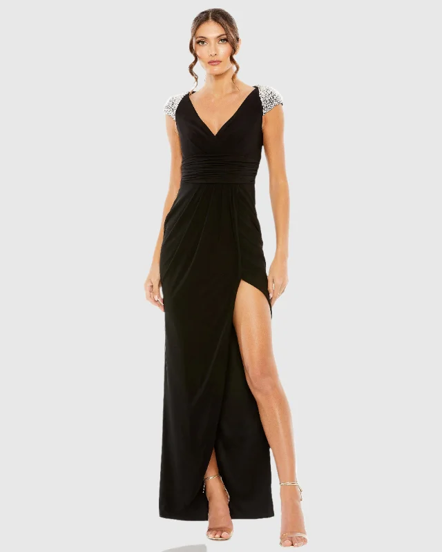 Little Black Women Dress with Sequins for a Glamorous Night OutV Neck Embellished Cap Sleeve Faux Wrap Slit Gown