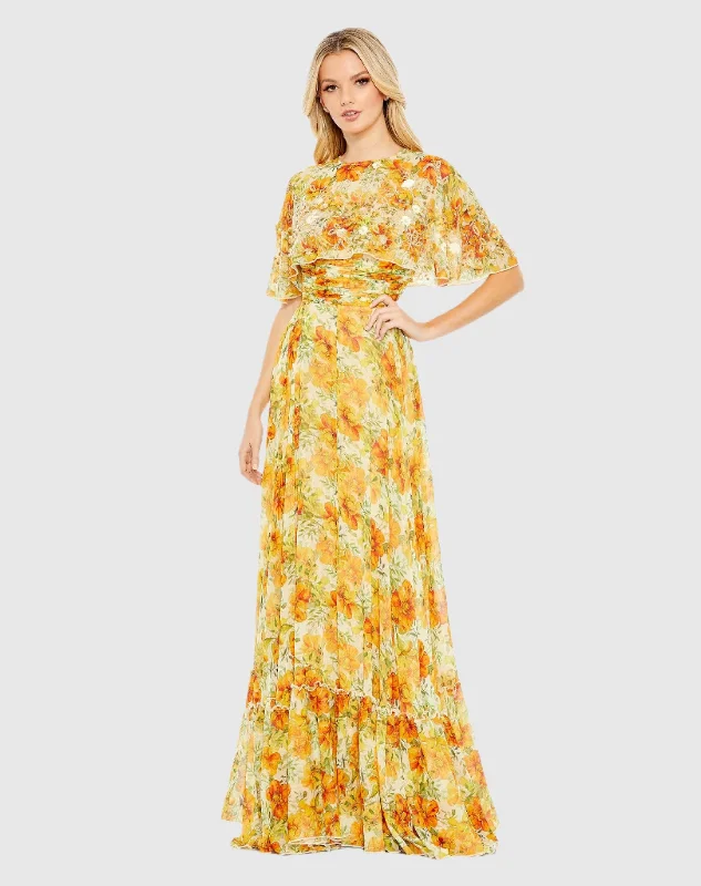 Ruffled Women Dress with Multiple Layers for a Playful and Girly StyleFloral Print High Neck Cape Sleeve A Line Gown