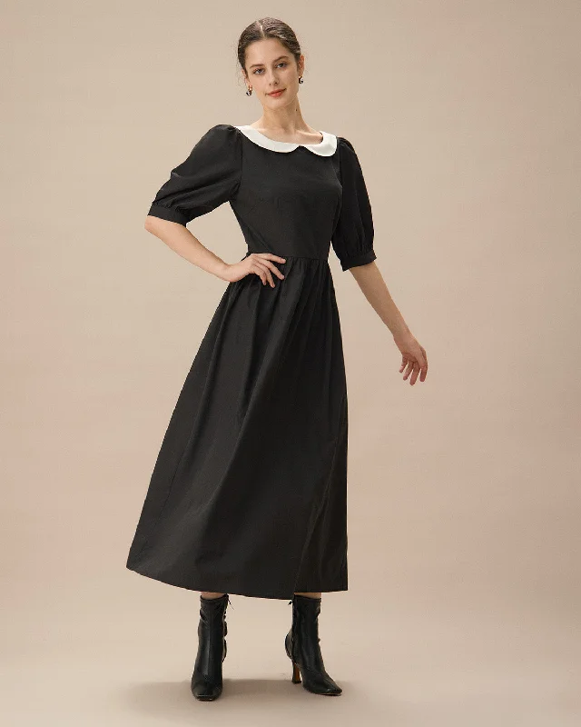 Backless Women Dress for a Sexy and Alluring Look at Evening EventsBlack Contrasting Puffed Sleeve Maxi Dress