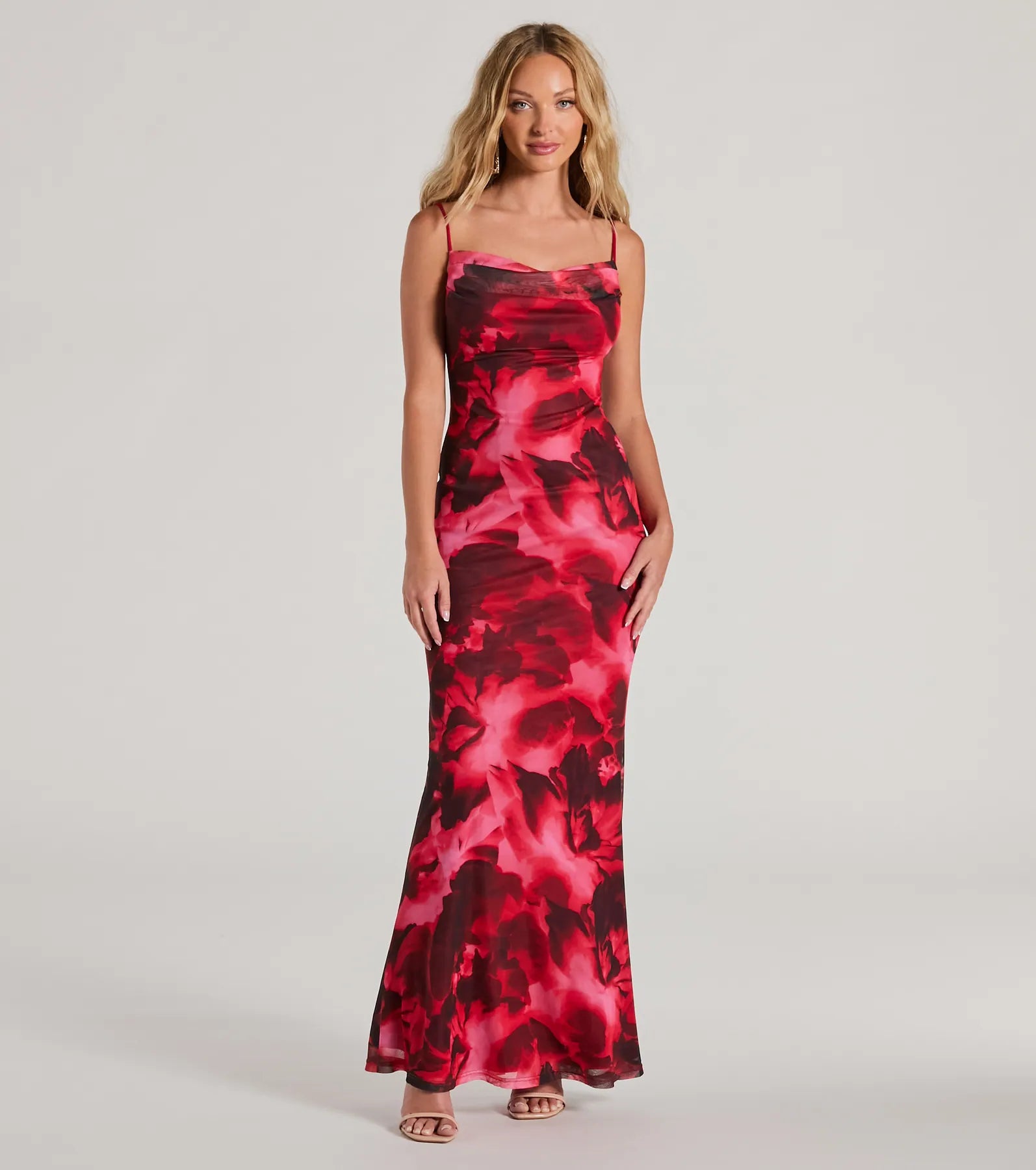 Ball Gown Women Dress with a Full Skirt for a Princess - like LookCatch Attention Cowl Neck Abstract Floral Maxi Dress