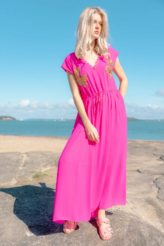 Pleated Women Dress with a Timeless and Elegant TextureGia Hot Pink V-Neck Dress