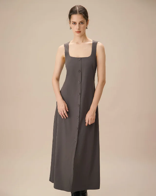 Pleated Women Dress with a Timeless and Elegant TextureGrey U Neck Tie Back Sleeveless Maxi Dress