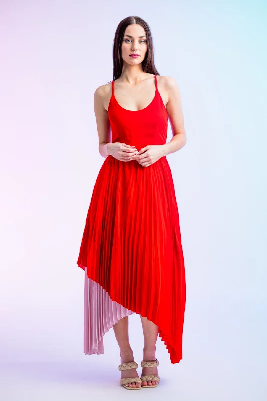 Off - the - Shoulder Women Dress for a Romantic and Feminine LookRaine Split Colour Pleated Dress Red