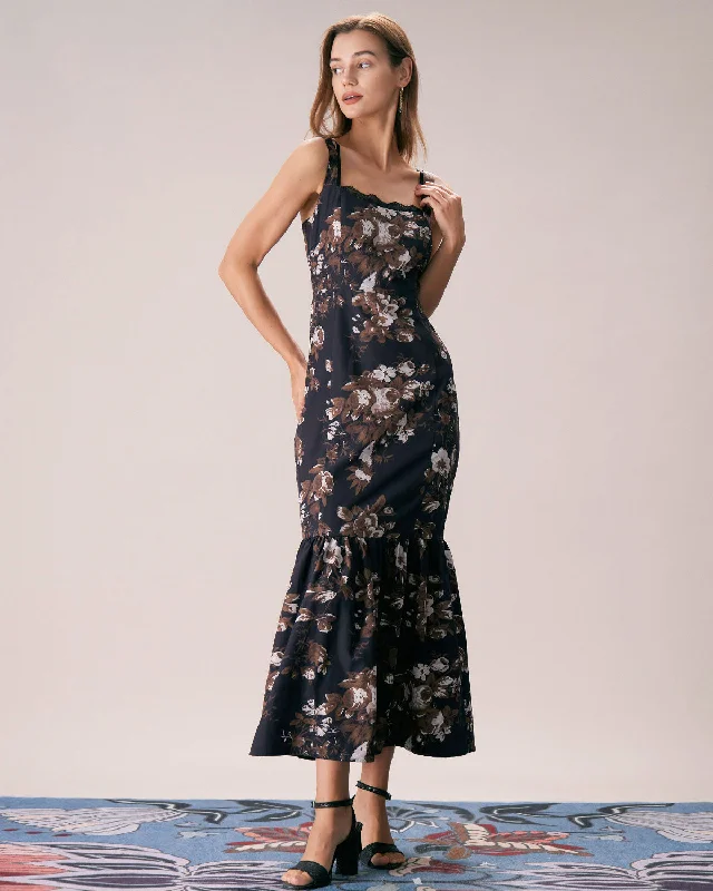 Mermaid - Style Women Dress with a Fitted Silhouette for Special OccasionsThe Black Lace Trim Floral Mermaid Maxi Dress