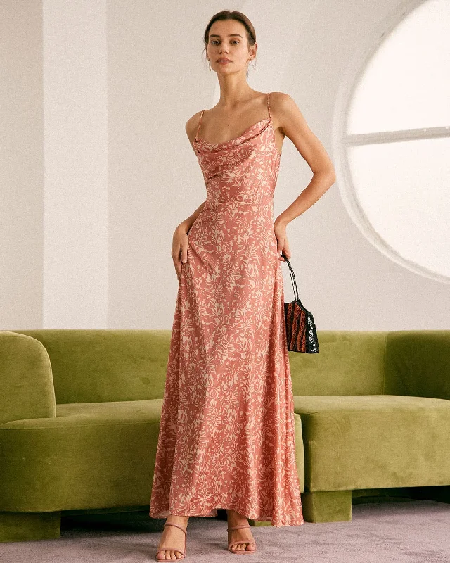 Strapless Women Dress with a Built - in Bra for Comfort and SupportThe Light Orange Cowl Neck Floral Maxi Dress