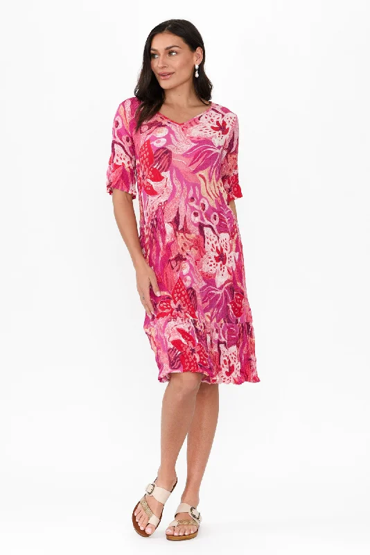 Plus Size Women Dress with a Flattering A - Line Cut for Comfort and StyleCalla Pink Floral Crinkle Dress