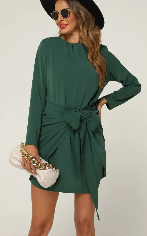 Pleated Women Dress with a Timeless and Elegant TextureLong Sleeve Knot Tie Front Mini Dress In Green