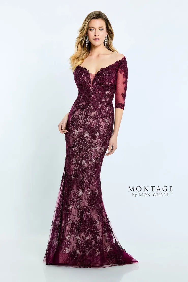 Maxi Women Dress with Floral Print for a Bohemian VibeMontage by Mon Cheri M510 - off-Shoulder Sweetheart Neckline Long Gown