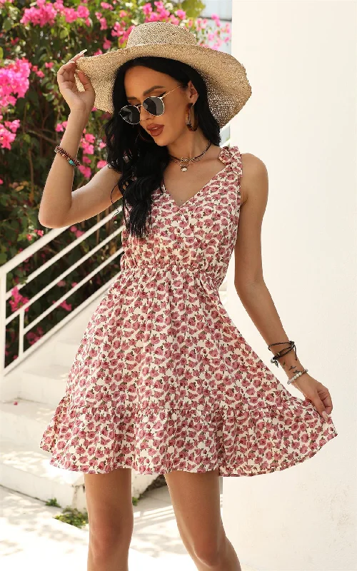 Maxi Women Dress with Floral Print for a Bohemian VibeHübsches Rosen-Blumendruck-Träger-Bardot-Minikleid in Rosa