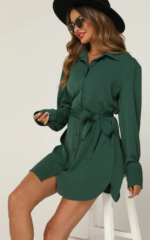 Printed Abstract Women Dress for a Modern and Artistic AppealRelaxed Rounded Side Split Mini Shirt Dress In Green