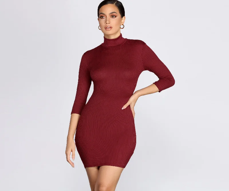 Strapless Women Dress with a Built - in Bra for Comfort and SupportRibbed Knit Turtleneck Mini Dress